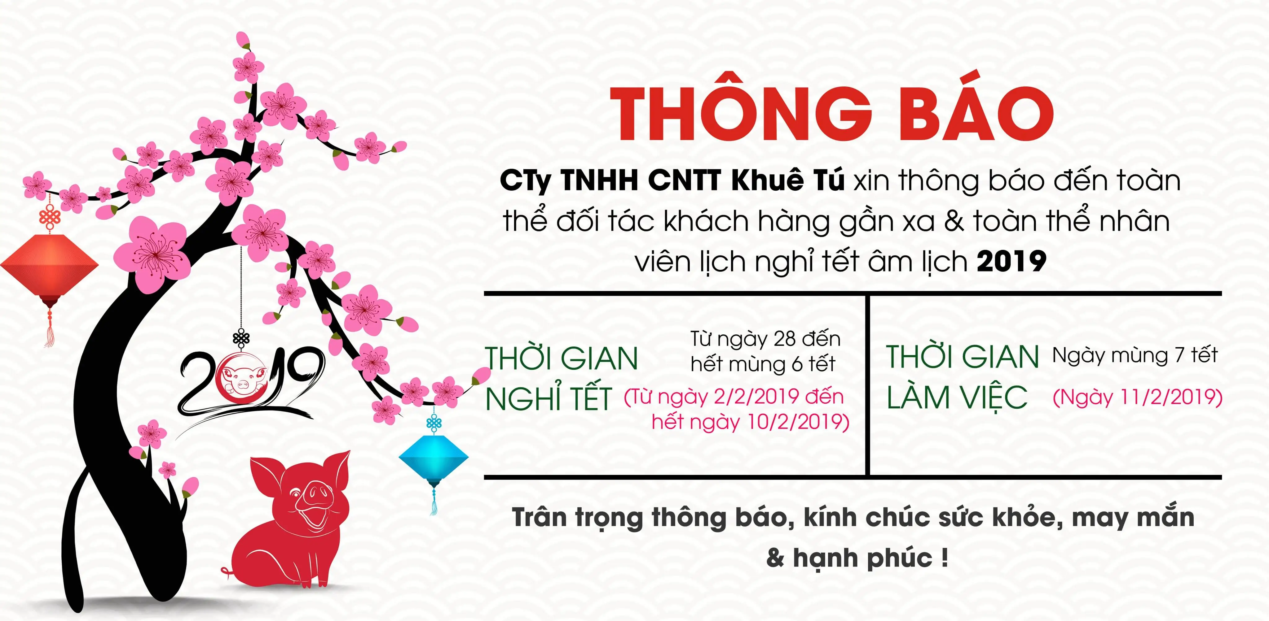 Khuê Tú thông báo nghỉ Tết Kỷ Hợi 2019